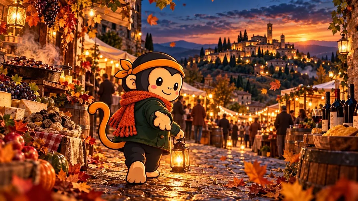 La mascotte Ninja in Viaggio con una lanterna tra i banchi di una sagra autunnale, al tramonto.